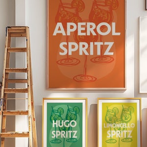 ZESTAW TRIO COCKTAIL - wydruk artystyczny Spritz - plakat Aperol Hugo, retro fun printable, wydruk kuchenny, na zdrowie, letnia sztuka ścienna na wózek barowy, Włochy