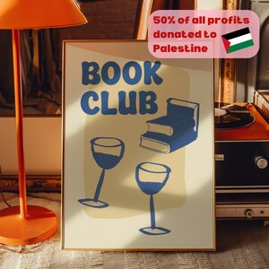 BOOK CLUB-kunstprint - kunst aan de muur halverwege de eeuw, retro leuk digitaal lezen poster, keukenprint, leeshoekje, girly decor cocktailbar