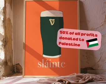 Guinness Sláinte art print - Mid Century orange wall art, retro fun Irish printable poster, kitchen print, cheers, cocktail alcohol bar cart