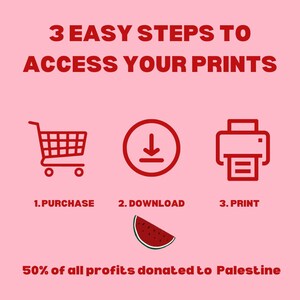 May include: Red graphic with three steps to access prints: purchase, download, and print. A red shopping cart, download arrow, and printer icon are shown. 50% of all profits donated to Palestine.