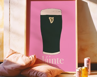 Guinness Sláinte art print pink - Mid Century wall art, retro fun Irish printable poster, kitchen print, cheers, cocktail alcohol bar cart