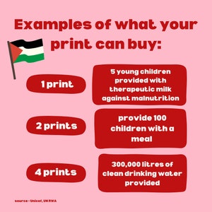 May include: A pink background with a Palestinian flag in the top left corner. The text "Examples of what your print can buy:" is at the top of the image. There are three red boxes with white text. The first box says "1 print" and the text below it says "5 young children provided with therapeutic milk against malnutrition". The second box says "2 prints" and the text below it says "provide 100 children with a meal". The third box says "4 prints" and the text below it says "300,000 litres of clean drinking water provided". The text "source-Unicef, UN RWA" is at the bottom of the image.
