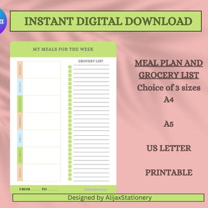 Weekly planner, Meal planner, Grocery List, To do list, Food Journal, Printable, Digital, Family meal plan, Shopping list, Cute, Colourful