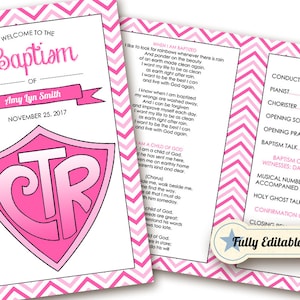Peut inclure: Un programme de baptême imprimable à motif chevron rose et blanc avec le texte "Bienvenue au baptême d'Amy Lyn Smith, le 25 novembre 2017". Le programme comprend un bouclier rose avec les lettres "CTR" à l'intérieur. Le programme comprend également une liste de l'ordre du service pour le baptême.