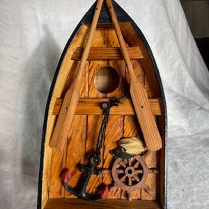 Wooden Nautical Boat w/ anchor, oars and ship wheel, shelf decor