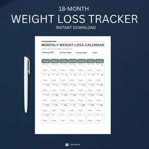 May include: An 18-month weight loss tracker calendar page with a white background and dark gray text. The header reads Monthly Weight Loss Calendar, January 2027, Starting Weight, Ending Weight, and Target. A white pen is positioned to the left.
