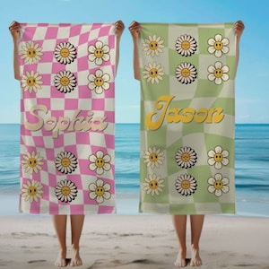 Serviette de plage personnalisée multi-styles rétro, serviette de bain nom, serviette de piscine personnalisée, serviette de plage avec nom à l'extérieur, cadeau de vacances d'anniversaire