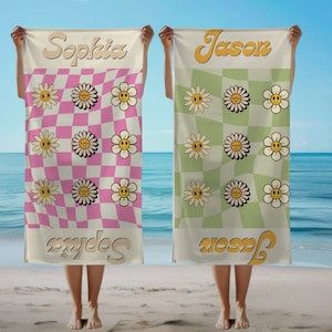 Serviette de plage personnalisée multi-styles rétro, serviette de bain nom, serviette de piscine personnalisée, serviette de plage avec nom à l'extérieur, cadeau de vacances d'anniversaire