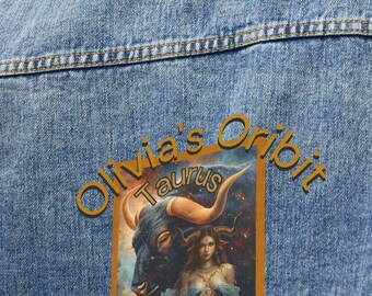 牡牛座の女性用デニムジャケット（パーソナライズ可能）、ヴィンテージ風花柄羊刺繍入りジーンズジャケット