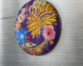 4月の誕生花モチーフの丸型ボタンマグネット、冷蔵庫用装飾マグネット