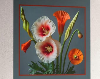 Vintage Poppy & Hollyhock Floral Matte Poster | Vertical Botanical Wall Art