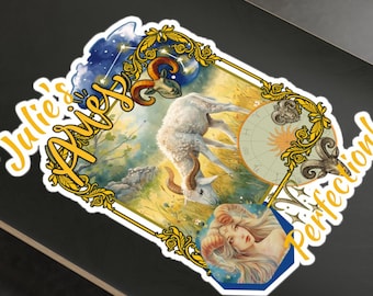 牡羊座デカール、最初の炎、パーソナライズされたキスカットビニールデカール。パーソナライズ例：ジュリーの完璧