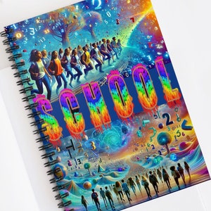 May include: Spiral-bound notebook with a vibrant, colorful cover featuring the word "SCHOOL" in rainbow hues. The design includes illustrations of people, numbers, and a surreal, dreamlike landscape. The notebook is open on a white surface.
