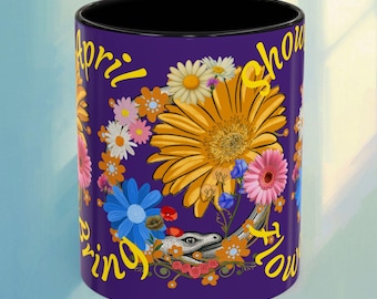 4月の雨柄フローラルコーヒーマグ、カラフルな春の花柄アクセントマグ（11/15オンス）