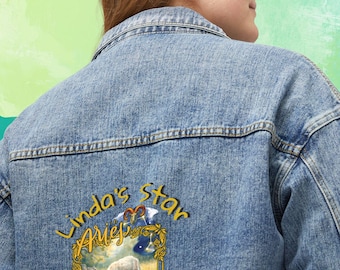 パーソナライズされたAriesレディースデニムジャケット、ヴィンテージフローラルラム刺繍ジーンズジャケット