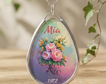 June Birth Flower Necklace | Rose Honeysuckle | Floral Name & Year Oval Necklace | Personalized Teardrop Pendant