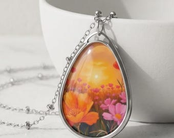 October Birth Flowers, Marigold and Cosmos, Sunset Floral Oval Necklace