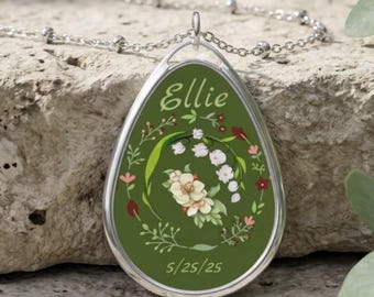 Personalized May Birth Flower Necklace: Lily of the Valley & Hawthorn Pendant