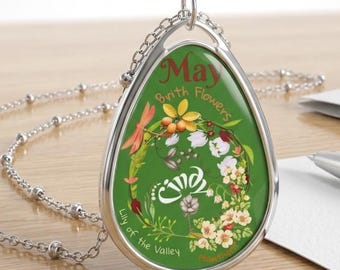 May Birth Flower Pendant, Lily of the Valley, Hawthorn Floral Necklace