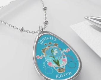 January Birth Flowers, Carnations and Snowdrops, Personalized Name Pendant