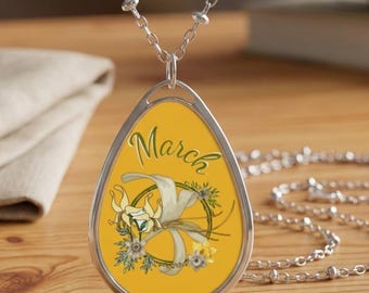 March Birth Flower Oval Necklace, Daffodil Pendant Jewelry