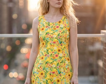 Gelbes Kleid, Sommer, Blumen, Wassermelonen-Casual-Kleid, All-Over-Print, Damen-Sommerkleid