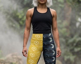 Sun and Moon Split Pattern Leggings | Celestial Crescent Print Leggings