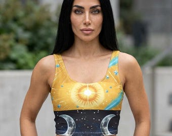 Sun and Moon Celestial Print Sports Bra | Starry Night Astral Design