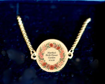 Birth Flower Wreath Adjustable Picture Charm Bracelet | Personalized Floral Photo Locket