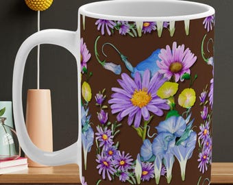 September Birth Flower Mug: Asters & Morning Glories - Floral Ceramic 15oz