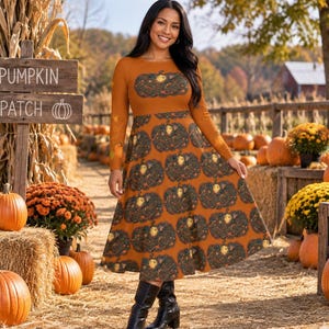 Hallowed Pumpkin Dance Dress — Long Sleeve AOP Fit with Moonlit Cat Pattern