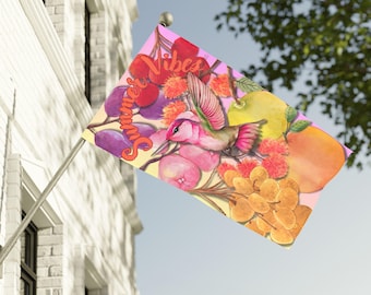 Kolibri Gartenfahne: Sommer Girlande mit Obst & Blumen