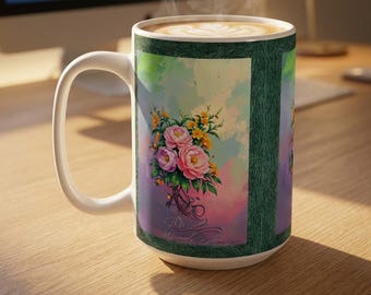 June Birth Flowers | Pink Rose Bouquet Mug | Floral Ceramic Coffee Cup, Vintage Garden Art