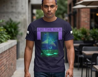 Camiseta gráfica Eat The Rich | design neon cyberpunk com esqueleto