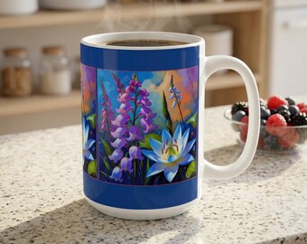 July Birth Flowers | Blue Lupine and Water Lily Mug | Floral Art Coffee Cup
