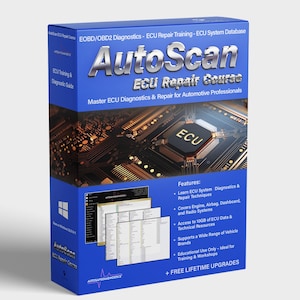 以下が含まれることがあります： 「AutoScan ECU Repair Course」というテキストと、回路基板の画像（「ECU」という単語が書かれている）が書かれた青い箱。箱には、「EOBD/OBD2 Diagnostics - ECU Repair Training - ECU System Database」と「Master ECU Diagnostics & Repair for Automotive Professionals」というテキストも含まれています。