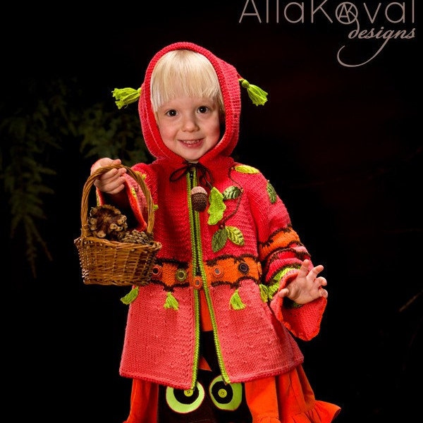 KNIT PATTERN Whimsical Forest. Peek-A-Boo Hand Knitted Coat with Crochet details. Pattern in PDF for sizes 2-12 years