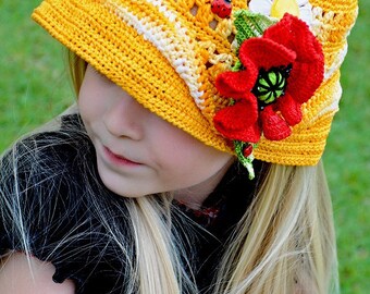 CROCHET PATTERN Double Fun in the Sun Crocheted Hat & Poppy Pin Set. Sizes Baby to Adult Pattern in PDF