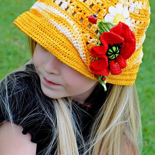 CROCHET PATTERN Double Fun in the Sun Crocheted Hat & Poppy Pin Set. Sizes Baby to Adult Pattern in PDF