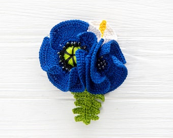 CROCHET PATTERN Imagical Garden. Blue Poppy Crochet Pin Crochet Pattern in Pdf format