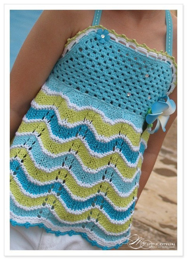 PATTERN Tropical Blue Halter Top Sizes 2-12 Hand Knit Pattern with Crocheted details in PDF image 3