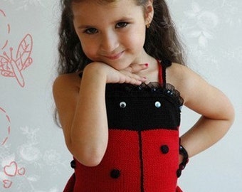 PATTERN Hand Knit Ladybug Halter Top Knit Pattern with Crochet Details in PDF for Sizes 2-12 years