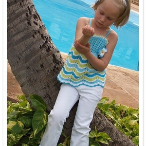 PADRÃO Top Halter Azul Tropical Tamanhos 2-12 Padrão Tricotado à Mão com Detalhes de Crochê em PDF