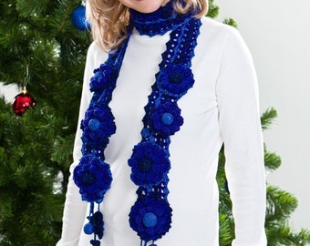 CROCHET PATTERN Holidays Royal Blue. Genia Crocheted Scarf & Flower Pins Gift Pattern in PDF eBook Instant Download