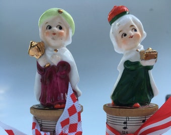 Two small Vintage Christmas Figurines Upcycled Christmas Decorations Vintage Wooden Spools Ribbon Sheet Music