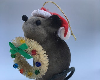 Upcycled Flocked MOUSE Ornament Holding  Bottlebrush Wreath Sweet Christmas Mouse Ornament