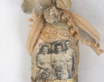 Wedding Themed Altered Upcycled Bottle Vintage Photo Velvet Leaves Vintage Earring Gift Display Prop Collectible