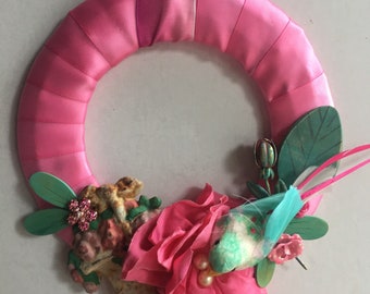 Small PINK Ribbon Wreath w/ Vintage Jewelry Doo Dads BIRD Unique Repurposed Upcycled Nursery Romantic Bedroom Hanging Decoration