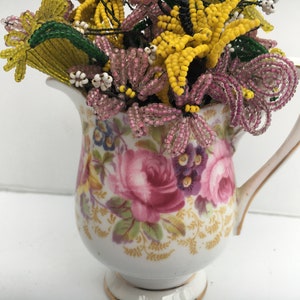 Yellow and Pink Vintage Wire Seed Bead Flowers in Sweet Vintage Bone China Creamer Flower Bouquet Arrangement Serena image 2