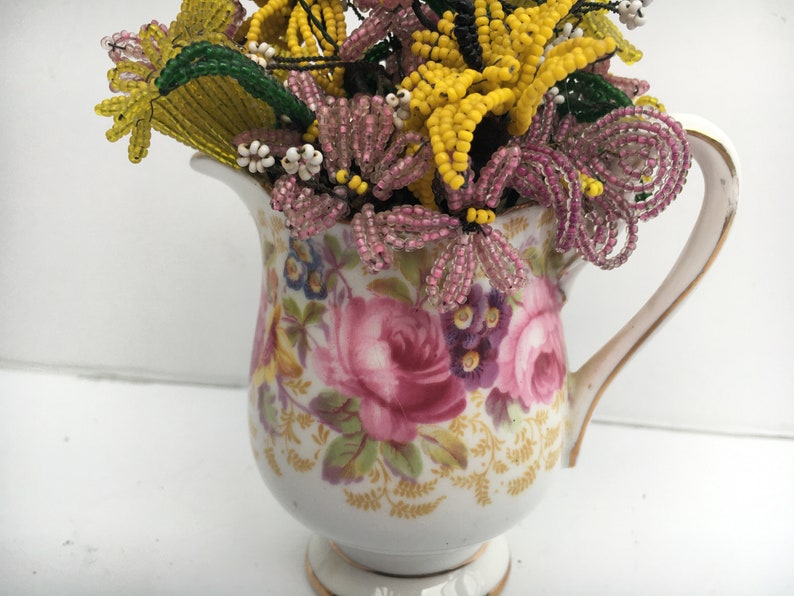 Yellow and Pink Vintage Wire Seed Bead Flowers in Sweet Vintage Bone China Creamer Flower Bouquet Arrangement Serena image 2